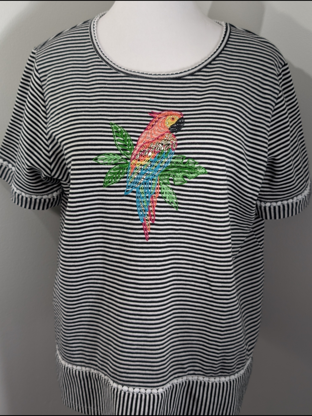 Alfred Dunner Island Vibes Striped Black And White Top with Embroidered Parrot